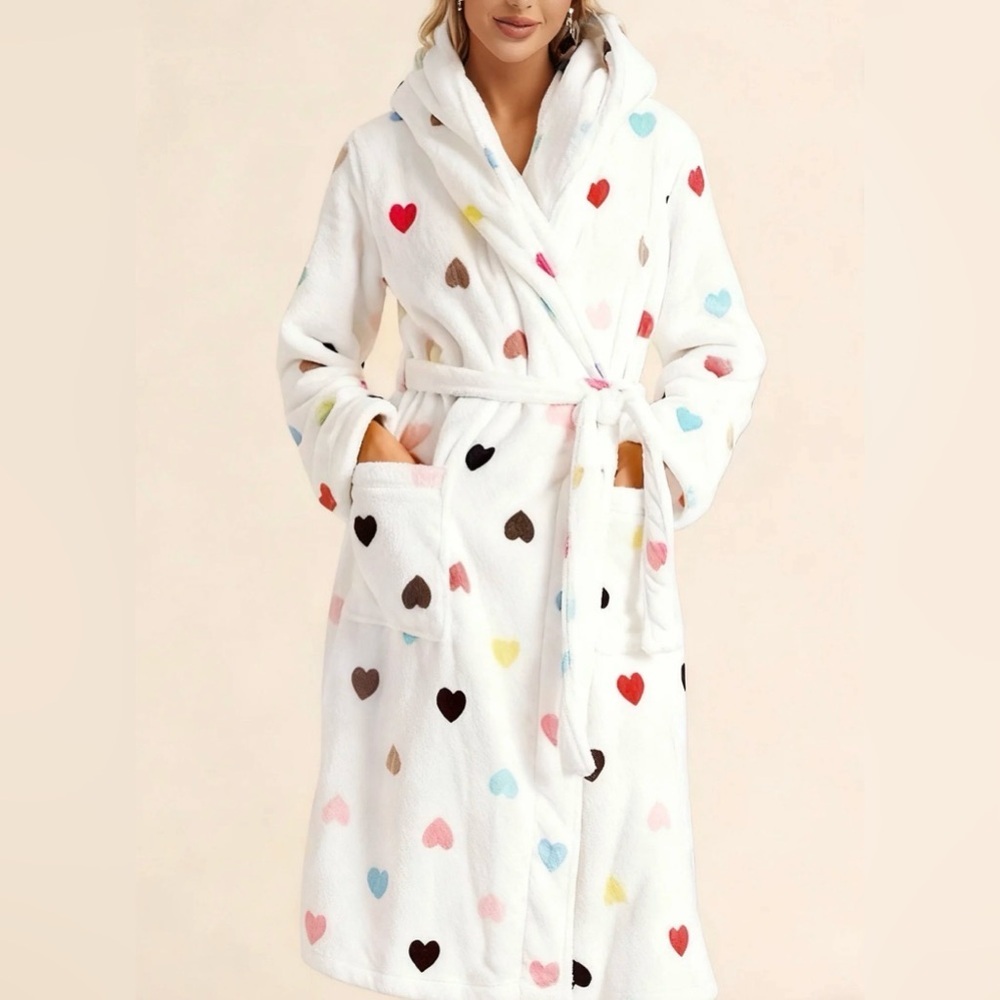 Plush Colorful Heart Print Hooded Robe - Picture 2 of 7